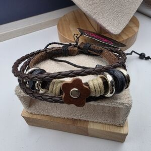 Paparazzi Brown and Tan Braided Bracelet with Flower Charm (929)